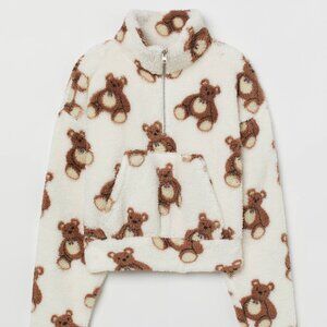 Y2K Teddy Bear Print Half-Zip Sweatshirt Sherpa Jacket Soft Girl Aesthe Coquette